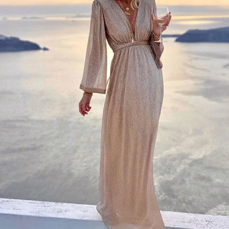Glitter V-Neck Long Sleeve Maxi Dress - IRBOOM Fashion Clothing