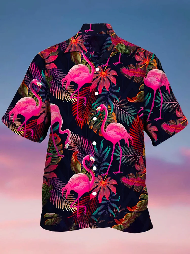 Men's Botanical Flamingo Print Casual Short Sleeve Hawaiian Shirt