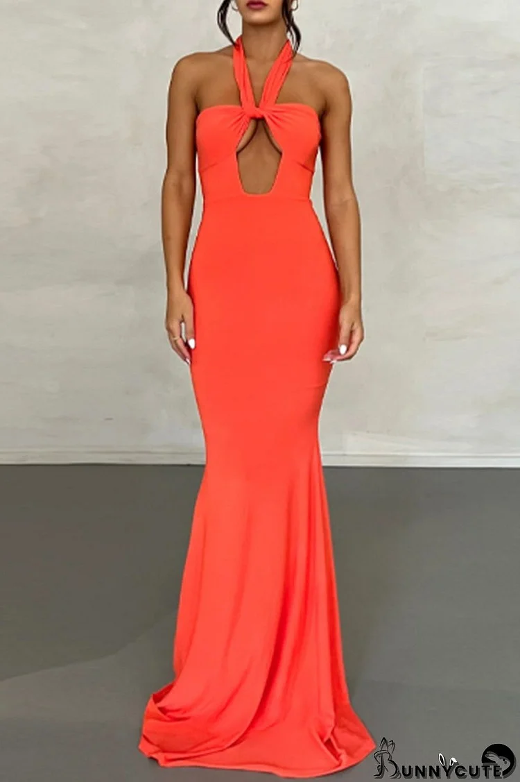 Orange Sexy Solid Bandage Backless Halter Strapless Dress Dresses