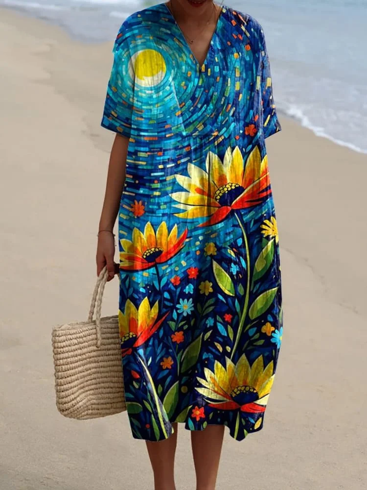 Night And Floral Art Printed Women's Flowy Dress