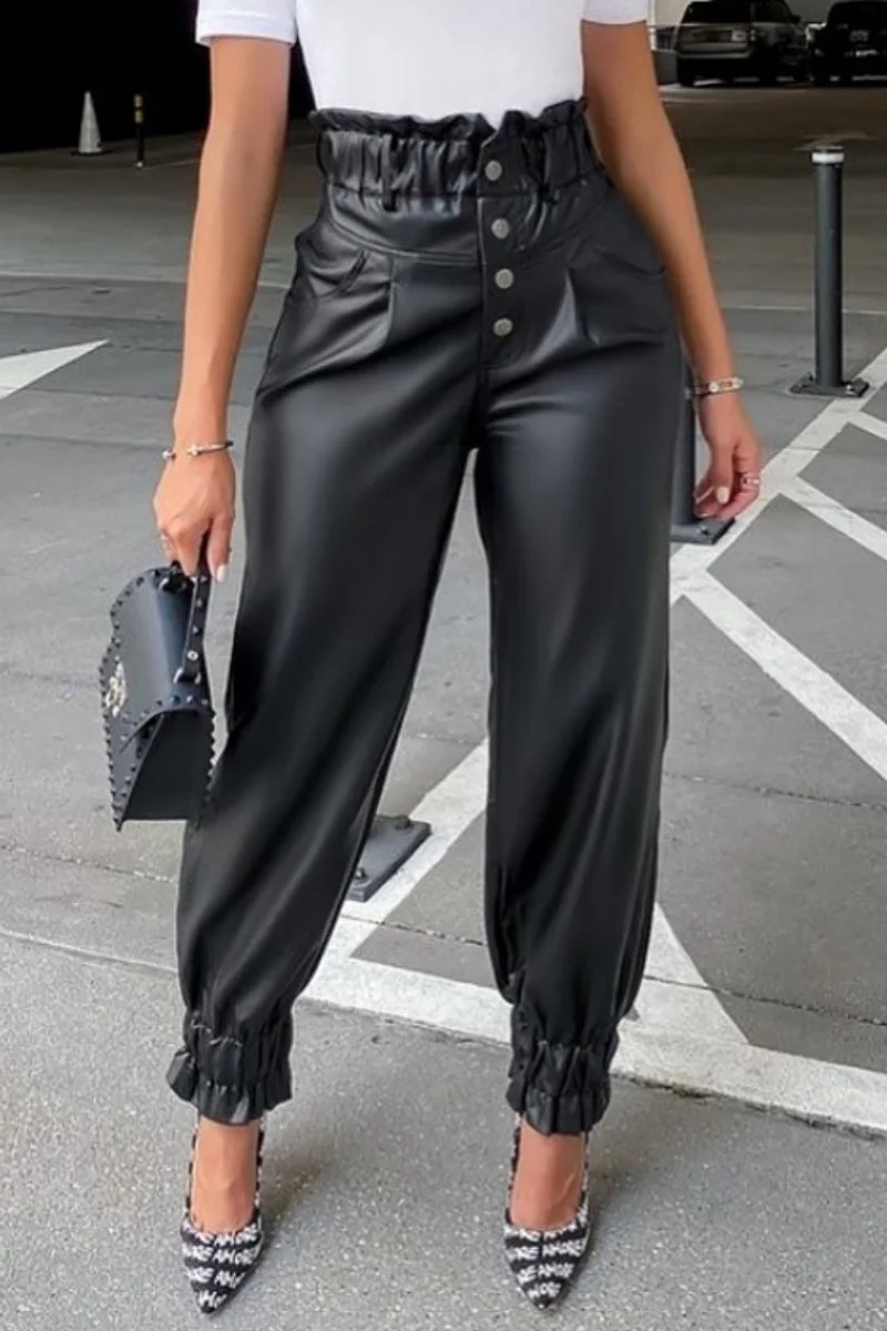 Black Casual Solid Patchwork High Waist Conventional Solid Color Trousers