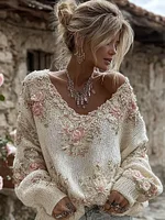 Women's Vintage Pink Flowers Art V-neck Cozy Knit Pullover Sweater