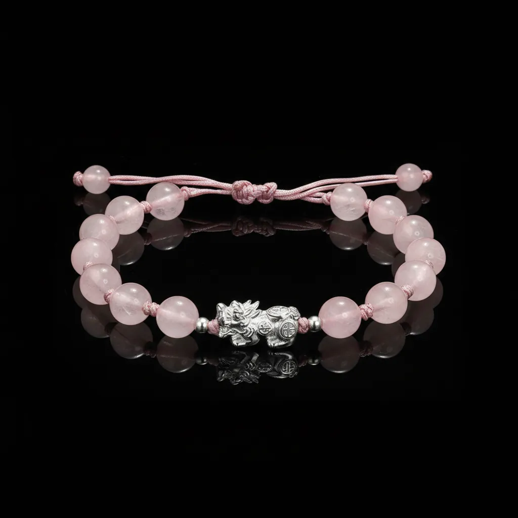 JiStones Ethereal Rose Quartz & S999 Sterling Silver Pixiu Charm Bracelet