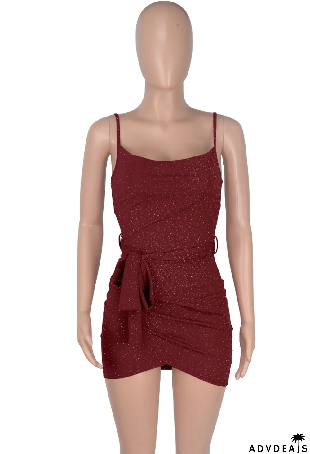 Women Summer Burgunry Sexy Strap Sleeveless Solid Pleated Mini Club Dress