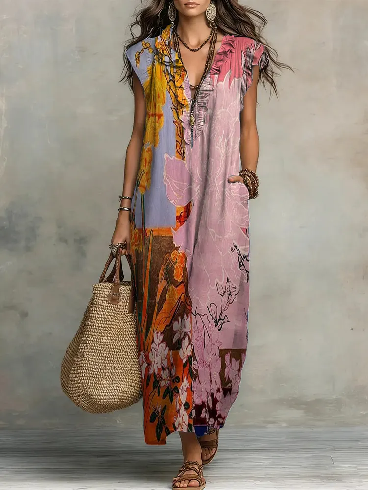 Vintage Oil Painting-print Cotton-linen Ruffled Dress