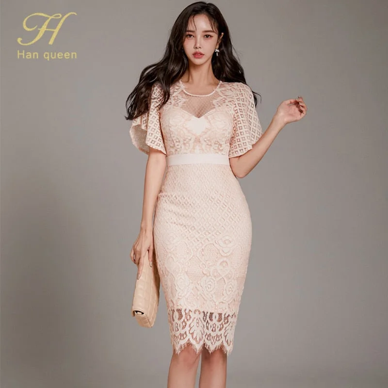 Graduation Party Dress Gift Billlnai 2023 Women Sexy Elegant Lace Hollow Out See Through Pencil Dress Summer New Fitted Solid Color Korea Sheath Vestidos
