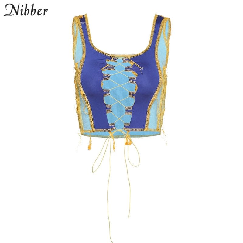 Nibber sexy hollow out Bandage crop tops women fashion club party wear tank tops Punk style patchwork street vest summer female