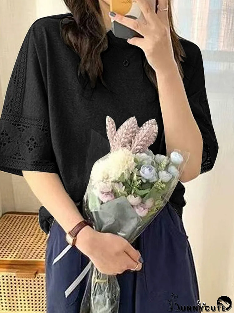 Lace Hollow Stitch Half Sleeve Crew Neck Loose Blouse