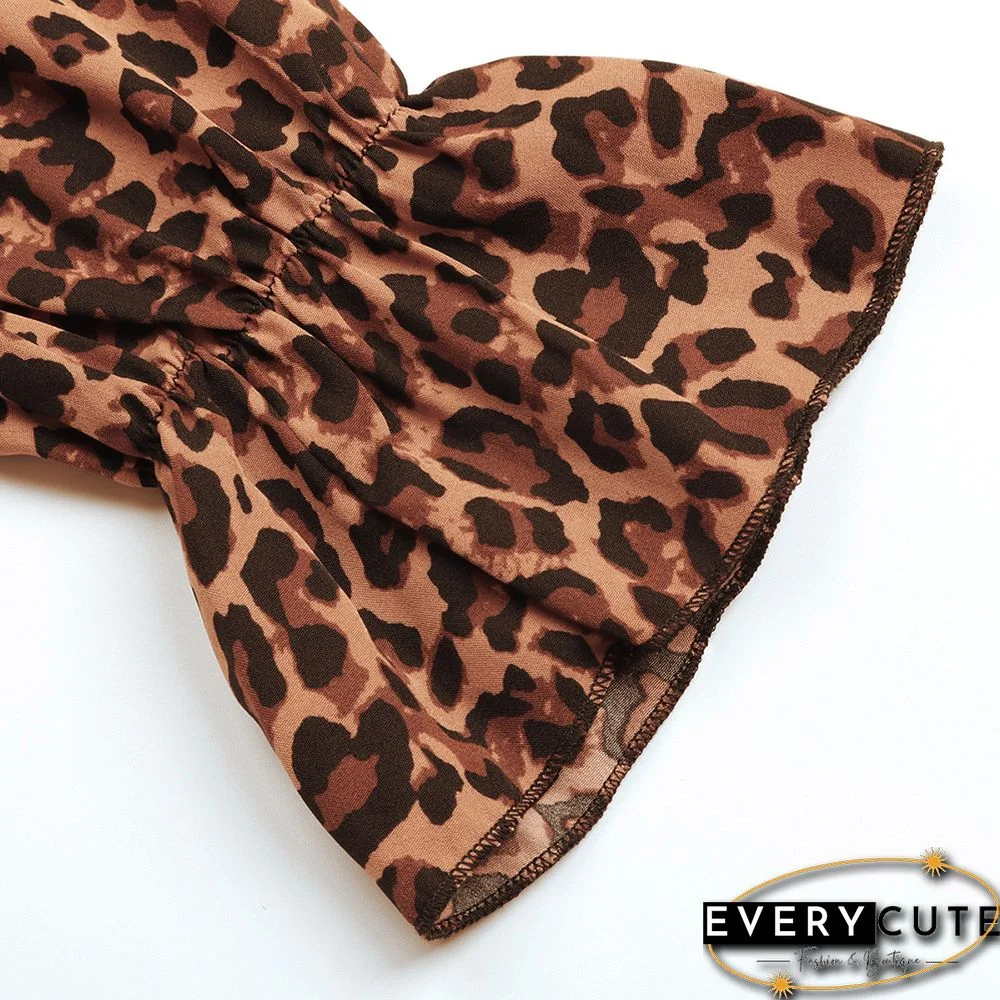 Khaki Leopard Print Tie Waist Flared Long Sleeve Dress