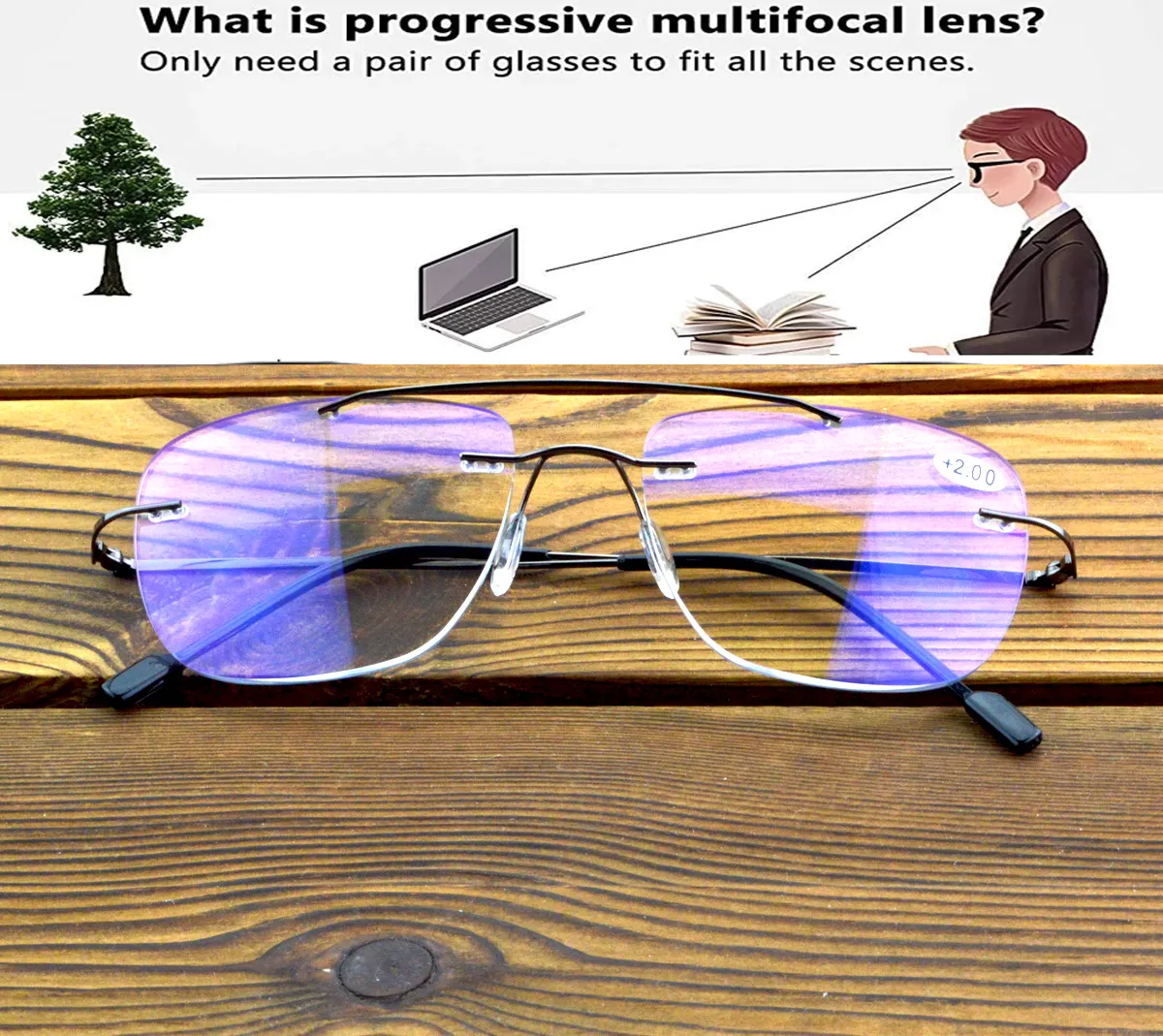 Pilot Double Bridge Rectangle Rimless Progressive Multifocal Reading ...