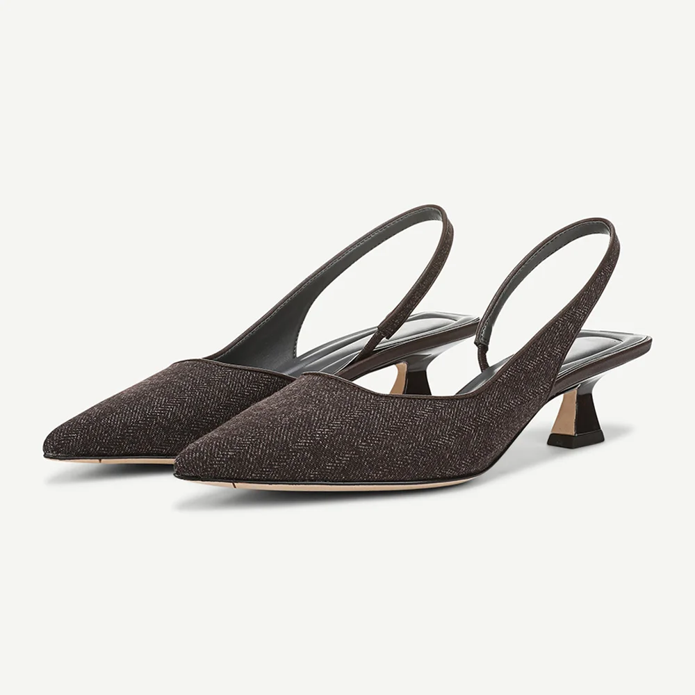 Elegant Chocolate Brown Fabric Slingback Low Heel Pumps for Women
