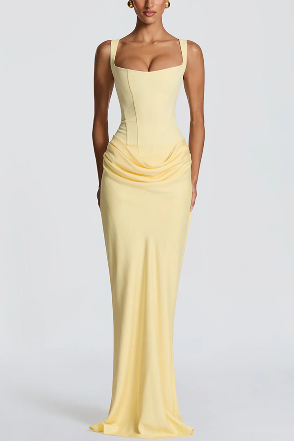 Larrah Square Neck Back Lace-up Satin Drape Hem Maxi Dress mysite idetrend