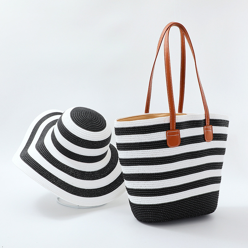 Women's Woven Large Capacity Striped Beach Bag Hat Two-piece Set