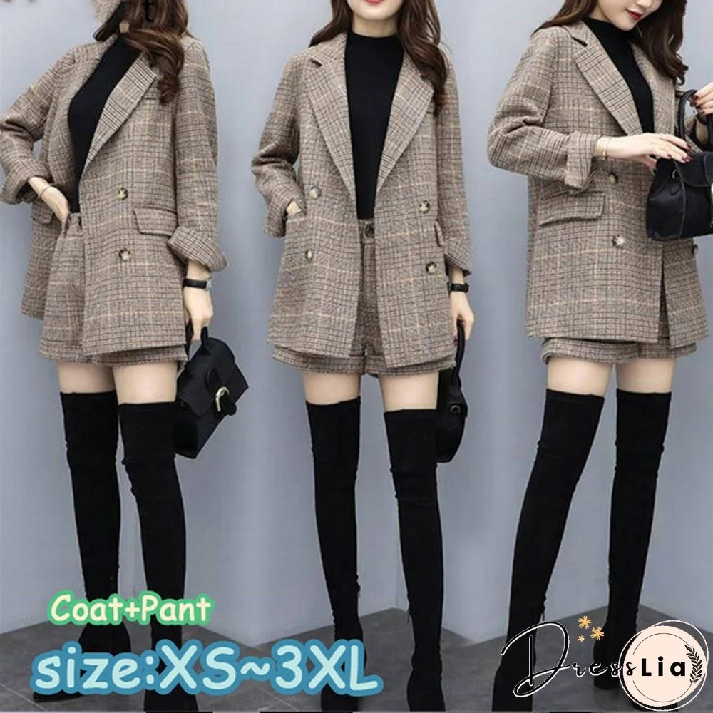 Winter Plaid Two Piece Suits Outfits Women Plus Size Long Sleeve Suit And Shorts Sets Office Elegant Fashion Office Sets