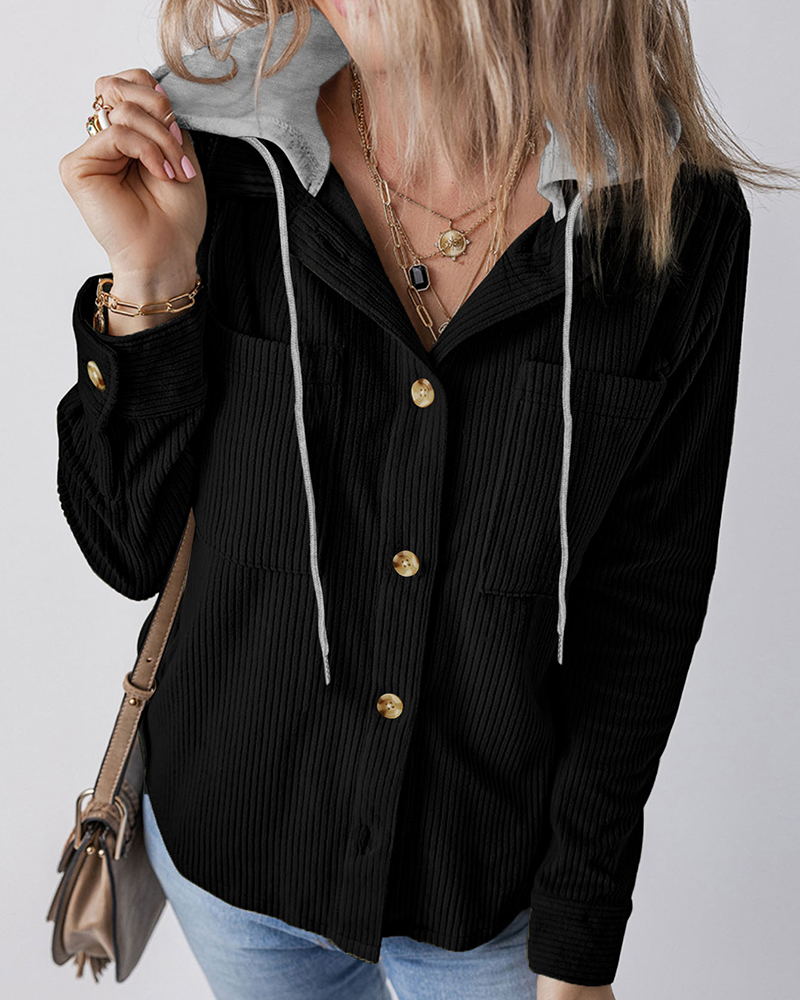 Single Breasted Chest Pockets Long Sleeve Hooded Top