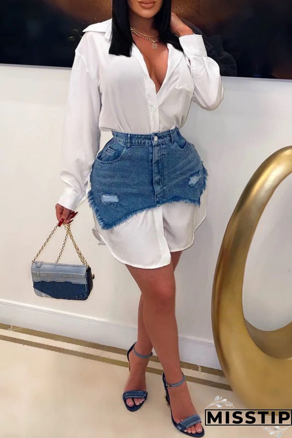 Black Casual Solid Ripped Turndown Collar Long Sleeve Two Pieces