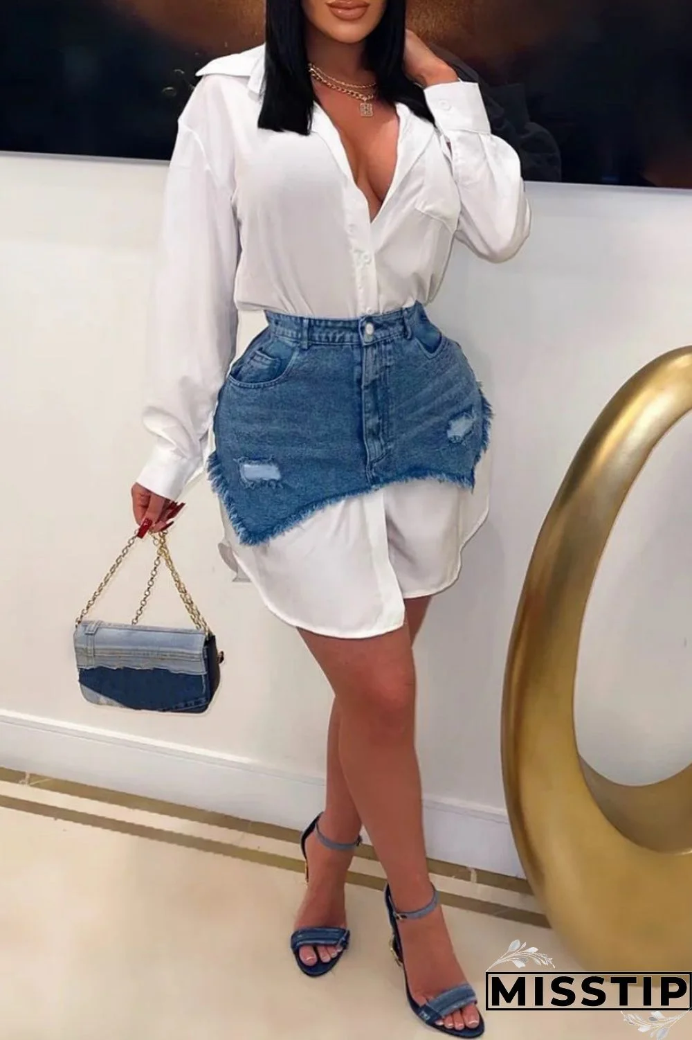 Black Casual Solid Ripped Turndown Collar Long Sleeve Two Pieces