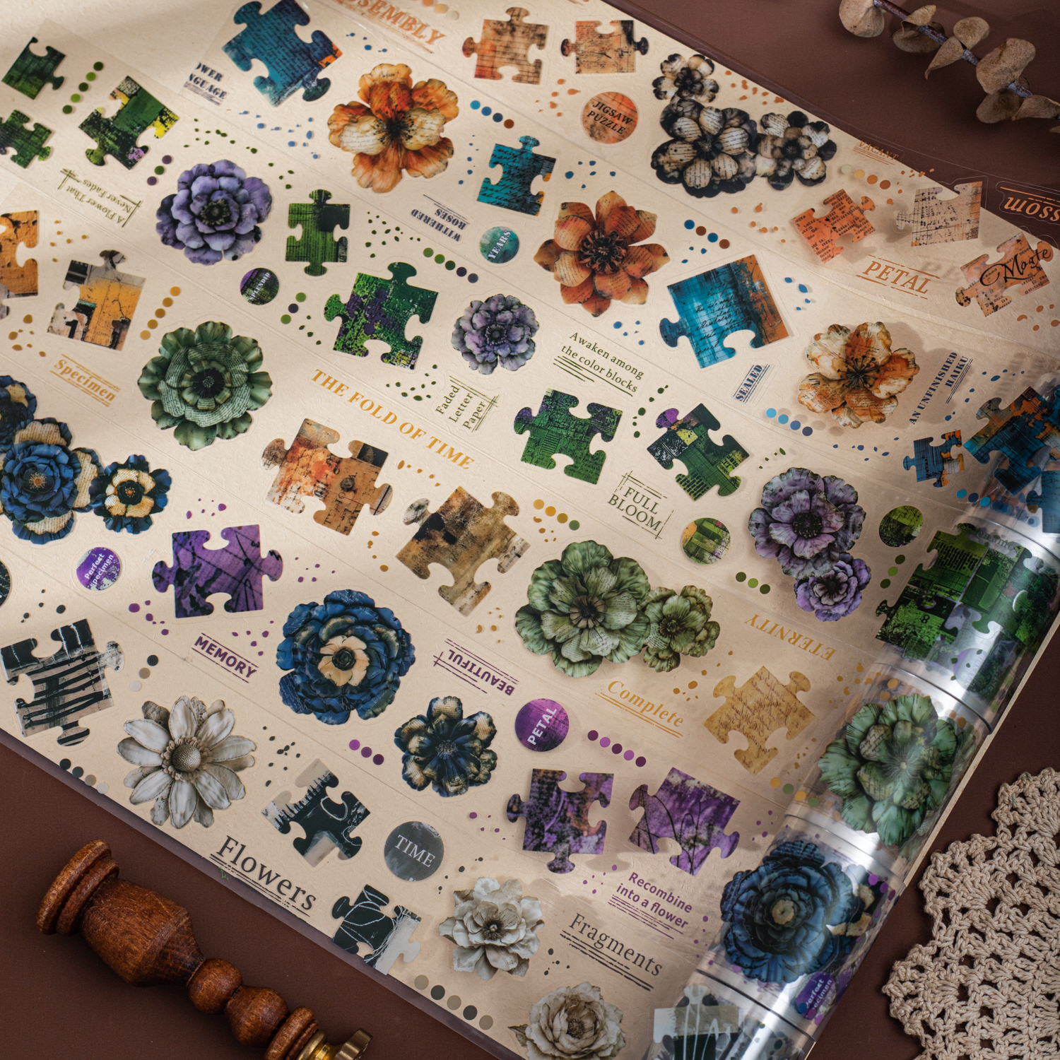 PET 테이프 - 꽃 그림자 조각 세트 시리즈 빈티지 꽃 퍼즐