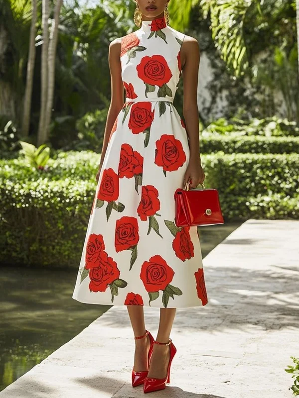 Retro Temperament Red Floral Print Women's Dress