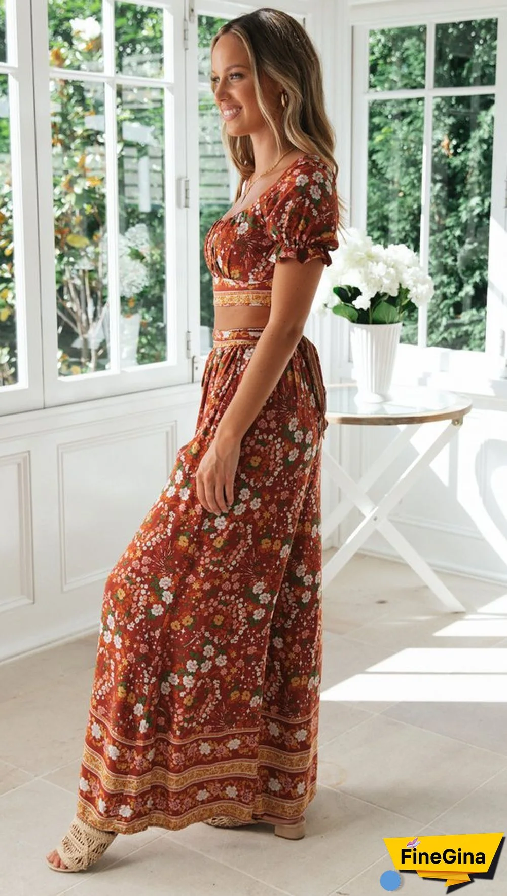 Coffee Floral Crop Top and Pants Matching Sets