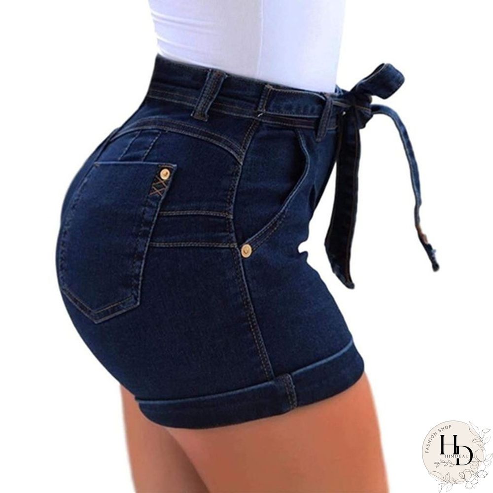 Women's mid-Waist Denim Belt Washed Denim Shorts Slim fit Casual Classic Shorts Jeans Summer Denim Shorts