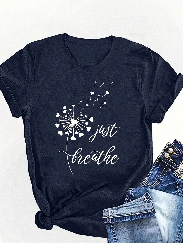 Women's Plus Size Dandelion and Letter Print Round Neck Short Sleeve T-Shirt