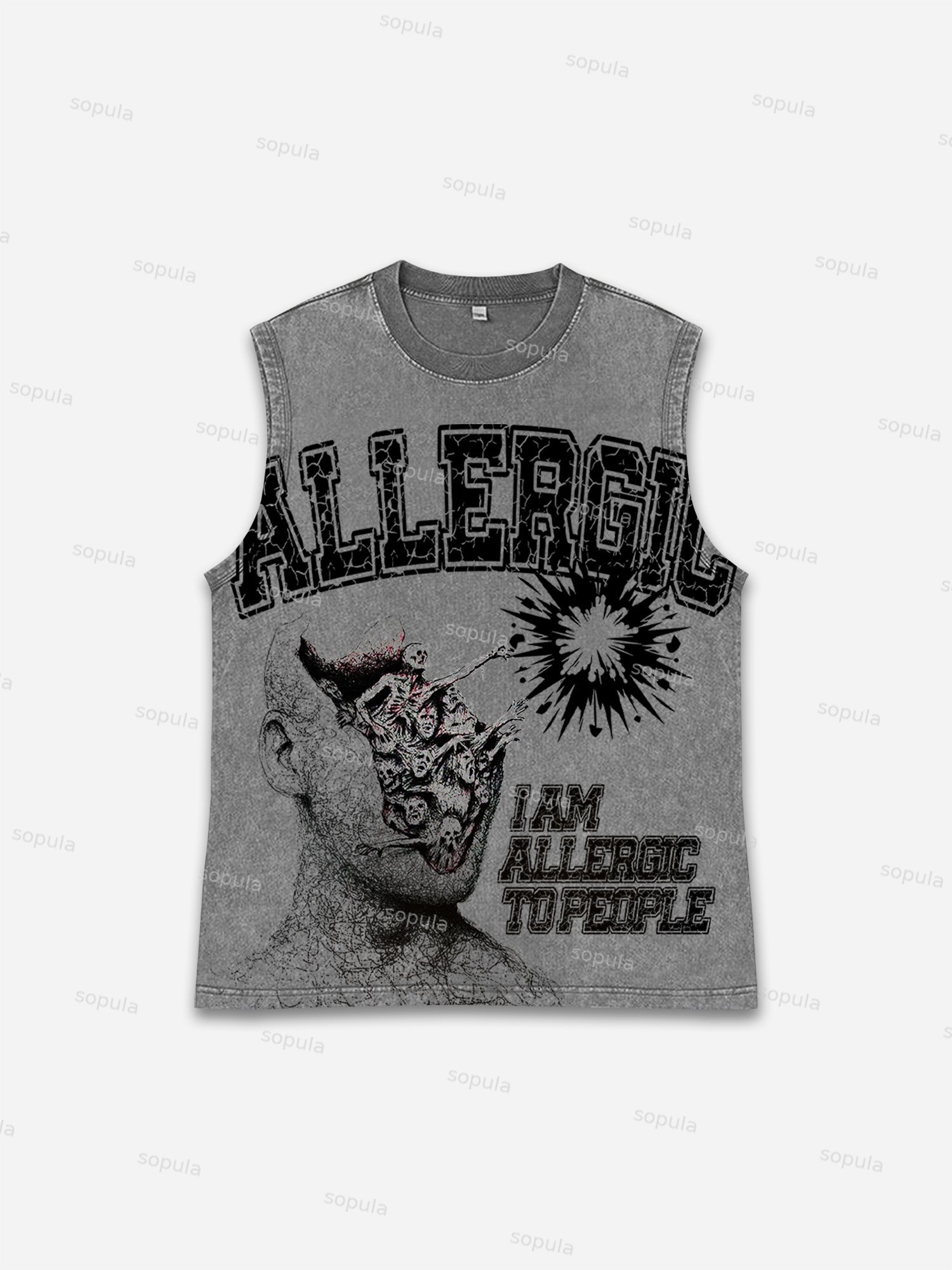I Am Allergic To People Print Washed Tank Top - Sopula｜Premium Graphic Tees & Graphic Clothing