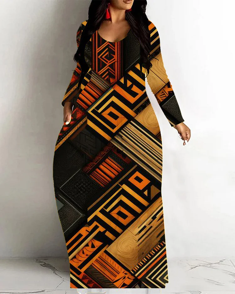 Retro Ethnic Print Loose Hem Long Sleeve Maxi Dress