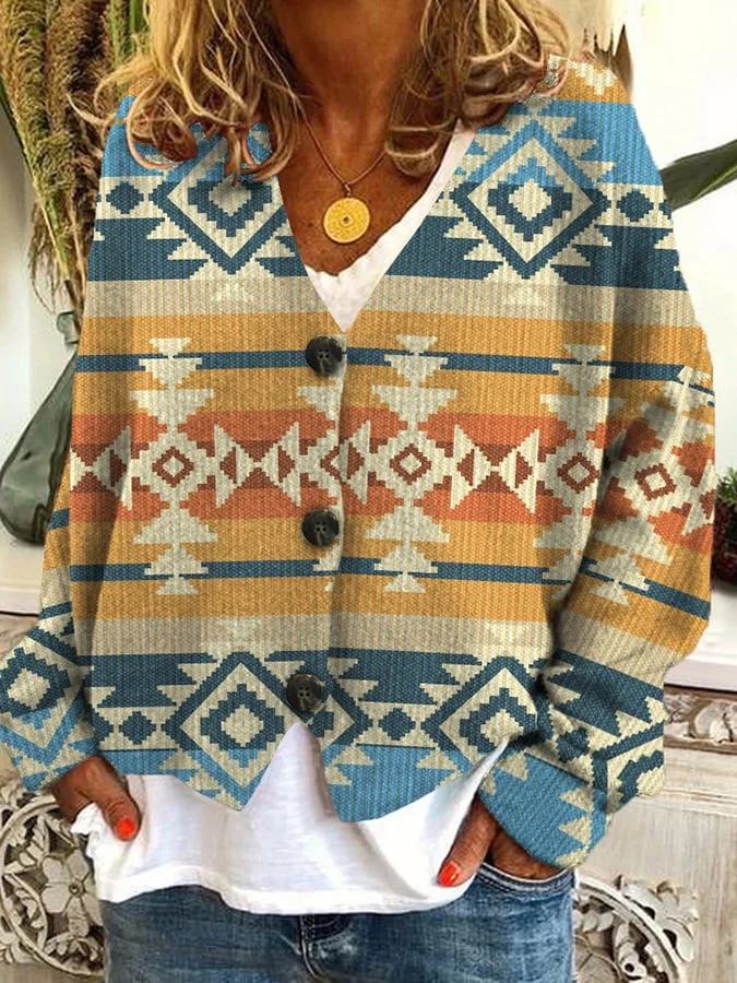 Vintage Printed Casual Loose Buttoned Flannel Cardigan