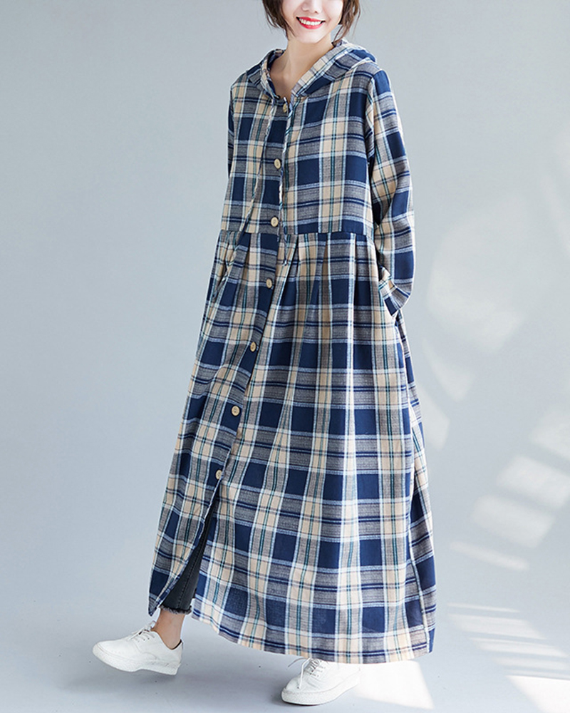 Checkered Long Sleeve Side Pockets Hooded Maxi Dress