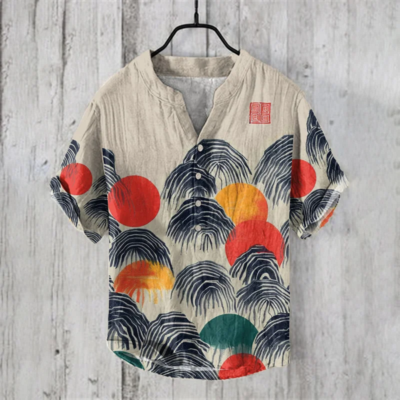 Vintage Sunset Japanese Art Linen Henry Collar Shirt