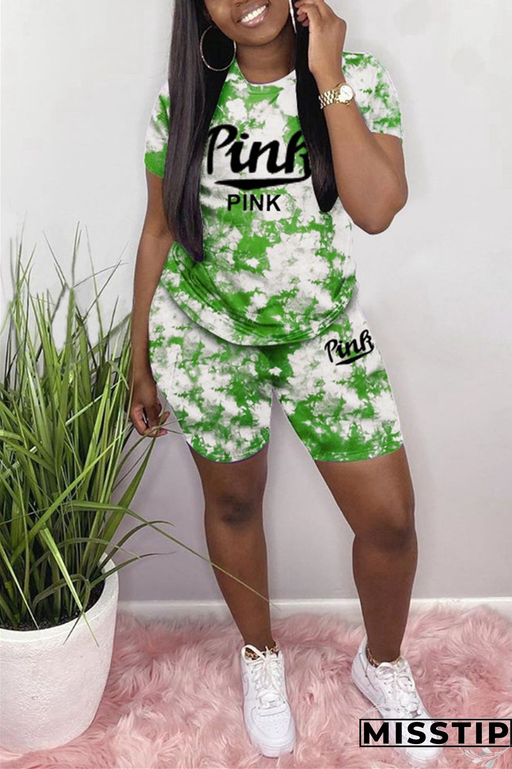 Green Fashion Casual Short Sleeve O Neck Regular Letter Print Tie Dye Two Pieces