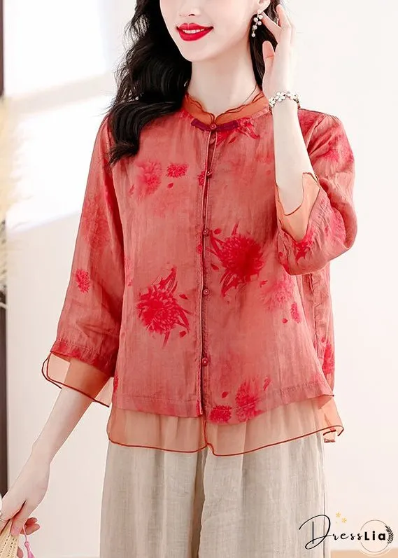 Plus Size Red Print Tops And Pants Linen Two Pieces Set Summer