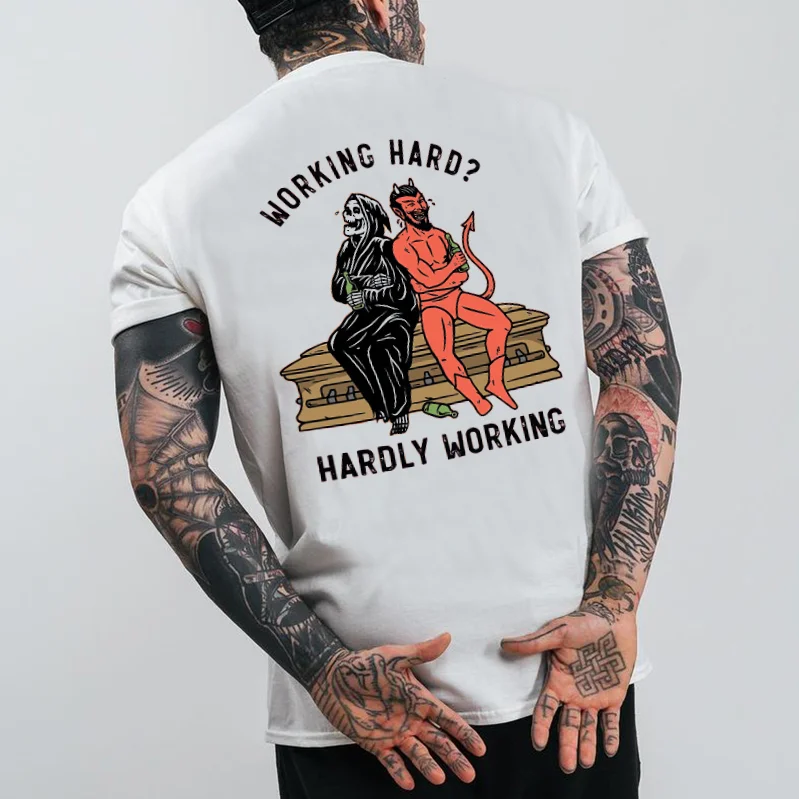 Working hard hardly working skeleton demon designer T-shirt -  