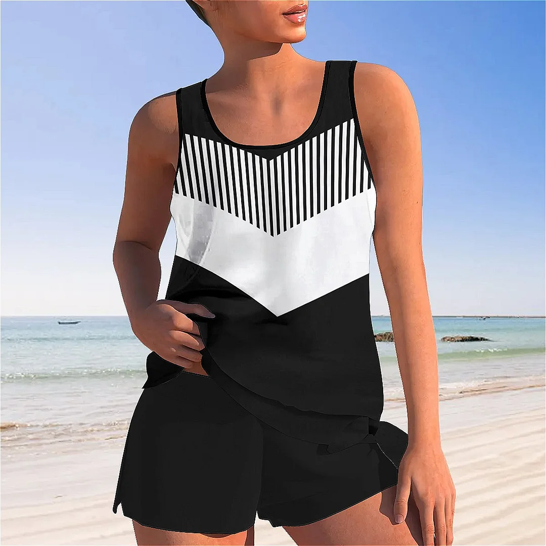 Bowknot Graphic,Black,Ray Mid Waisted Tankini Set - Plus Size Available