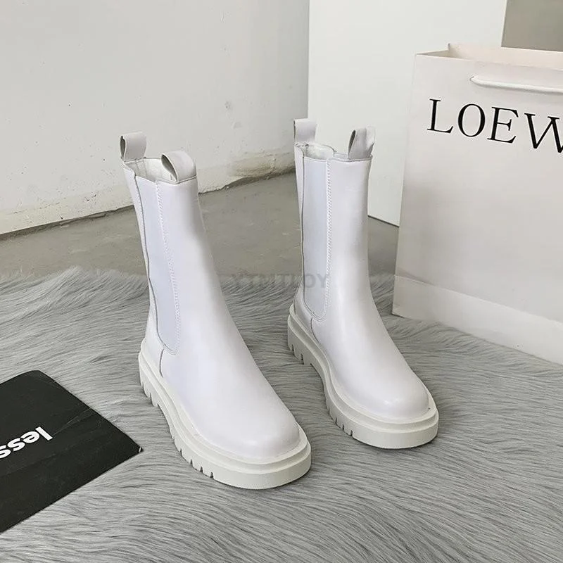 2021 Fashion Boots Women's Winter New Platform Chelsea Mid Calf Square Toe Ytmtloy Stretch Fabric Botas De Mujer Gothic Shoes