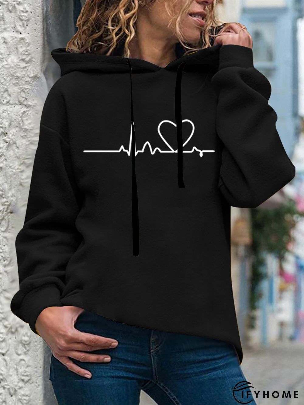 Casual Heart Beat Printed Long Sleeves Hooded Loosen Sweatshirt | IFYHOME