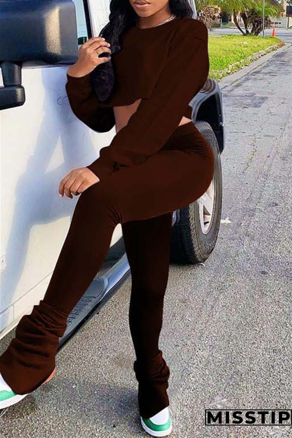 Coffee Fashion Casual Solid Backless O Neck Long Sleeve Two Pieces