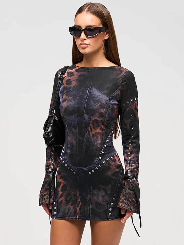 Toloer Black Animal Print Long Sleeve Bodycon Mini Dress-Outfit Ideas