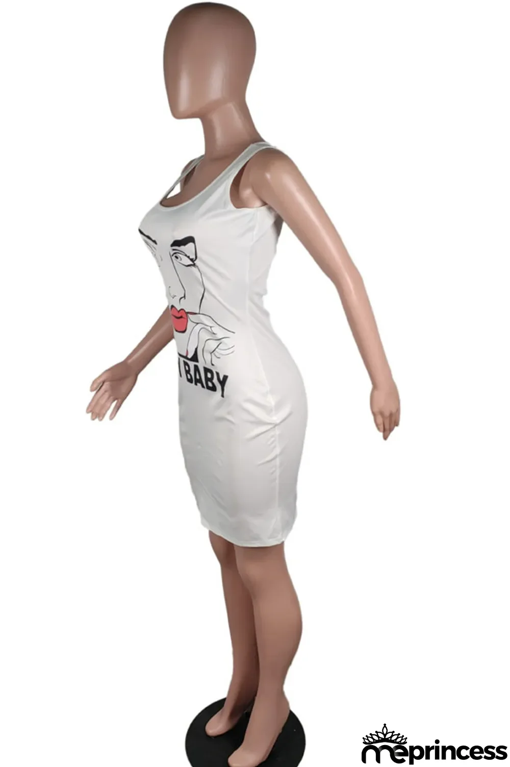 Pink Polyester Sexy White Green Pink Yellow Spaghetti Strap Sleeveless Slip Sheath Knee-Length Print Dresses