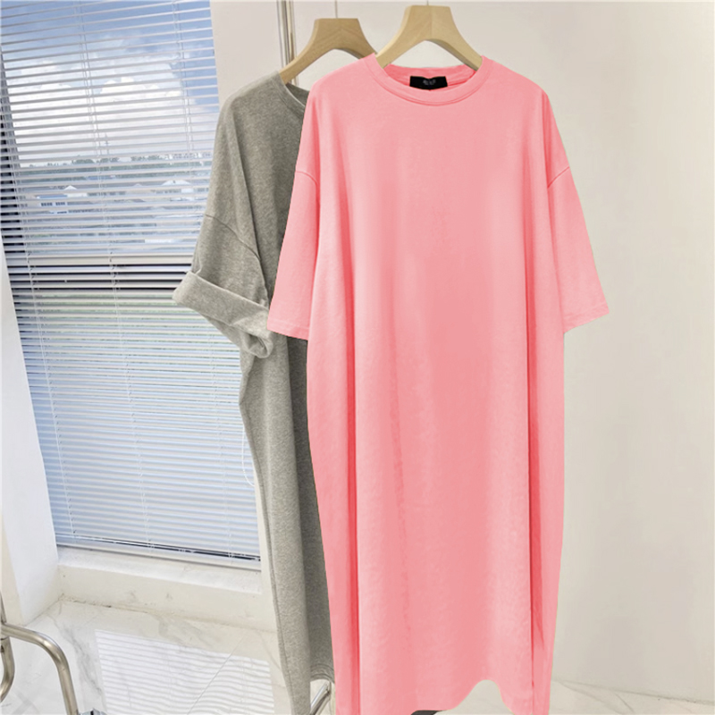 Kerwet plus Size Women's Cotton T-irt Dr Summer Clothes ort Sve Knee-Length Dr Slimming Long Skirt Korean Sle round Ne