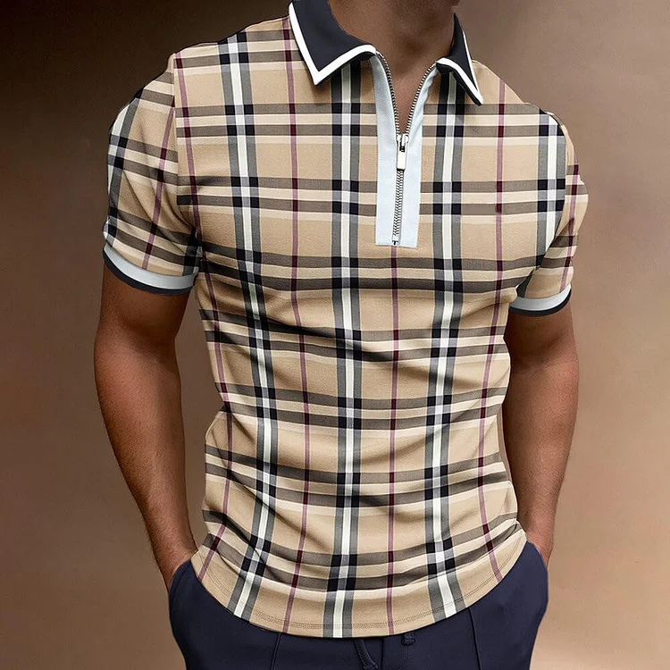 Classic Plaid Casual Short Sleeve Tops Men's Polo Shirts at Hiphopee