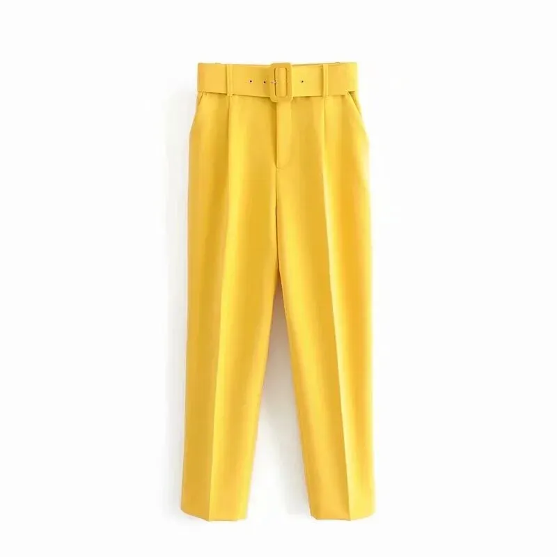 Za Women Pants Blue Harem Pant With Belt Office Ladies Suits Mujer Pockets Straight Trousers High Waist Pink Formal Workwear TRF