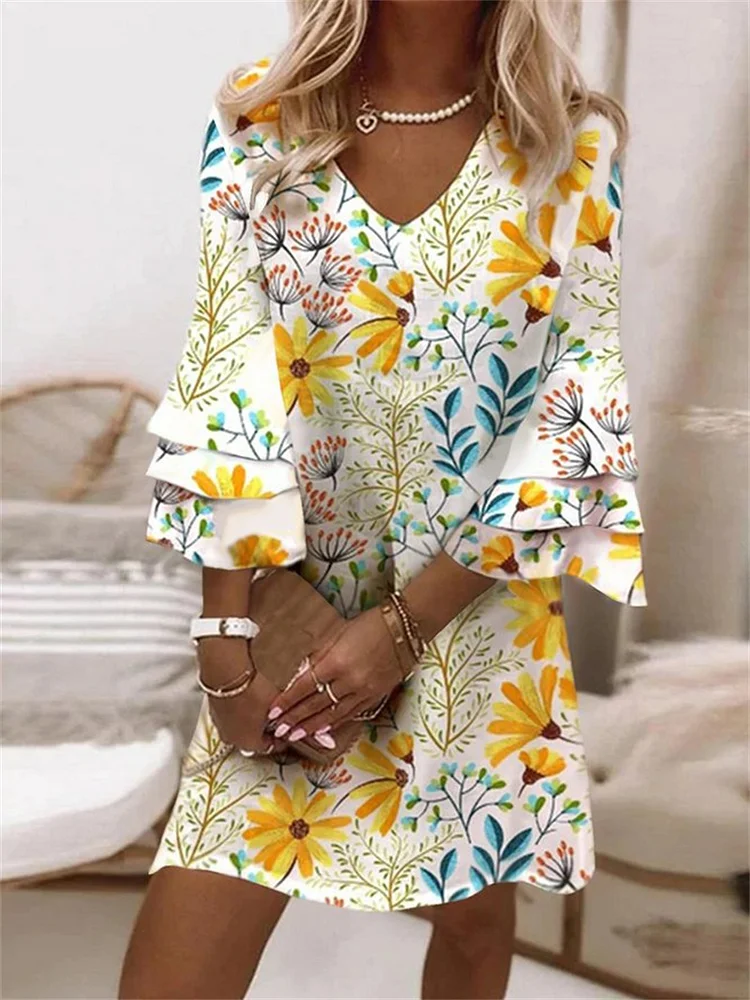 Women's Fashion Loose V Neck Elegant Sweet Printed Formal Casual Dress
