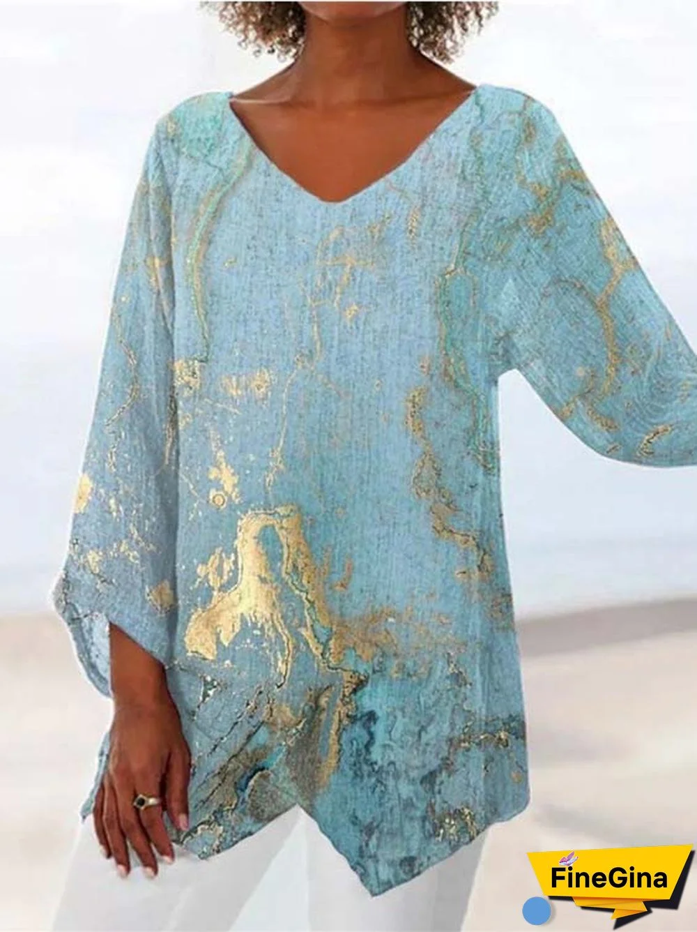 Women Asymmetrical 3/4 Sleeve V-neck Graphic Printed Top Dress