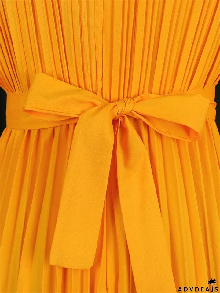 V-Neck Long Sleeve Slim Pleated A Line Long Dresses