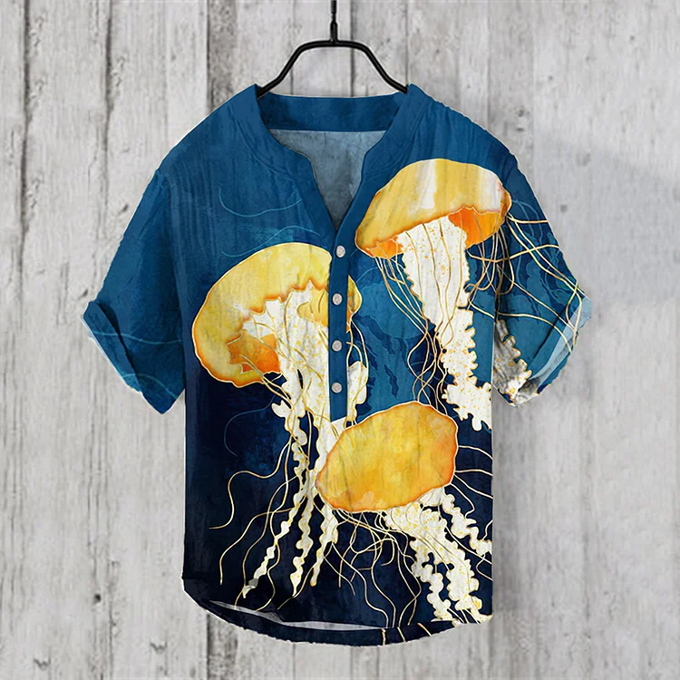 VChics Men's Japanese Art Jellyfish Graphic Painting Art Linen V-Neck Shirt