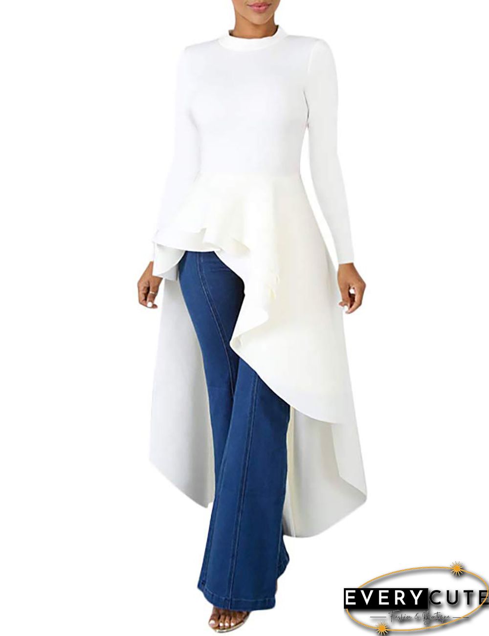 White Ruffle High Low Asymmetrical Long Sleeve T-Shirt Dress