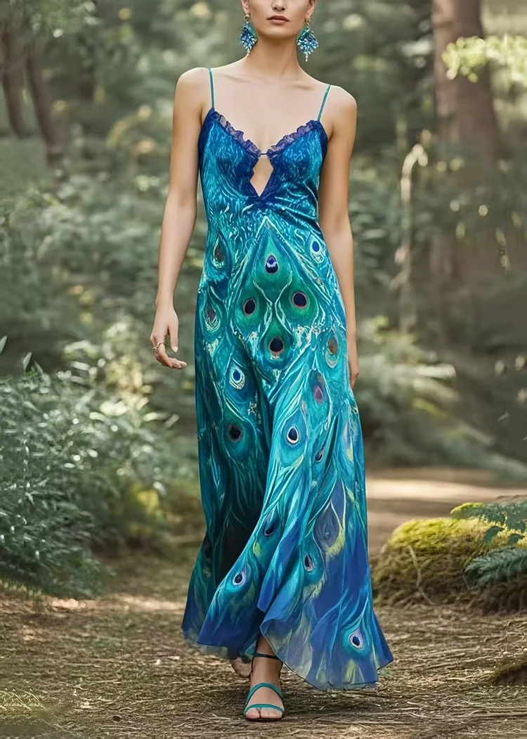 Bohemian Peacock Blue Print Silm Fit Chiffon Dance Dress Summer