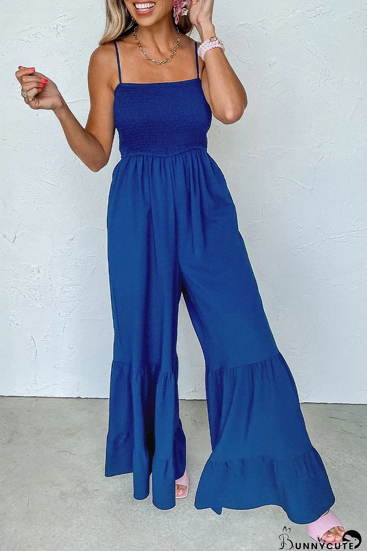 Navy Blue Smocked Spaghetti Strap Wide Leg Jumpsuit with Ruffle Detail